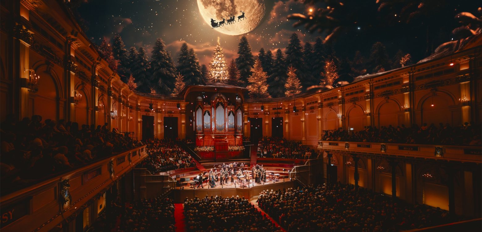 Sala principal del Concertgebouw durante el concierto navideño Christmas Classics at the Movies con público y luces cálidas.