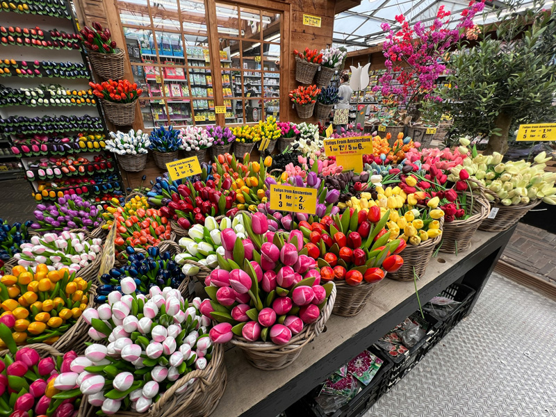 Puestos coloridos de flores en el mercado de las flores de Ámsterdam con ramos y bulbos expuestos.