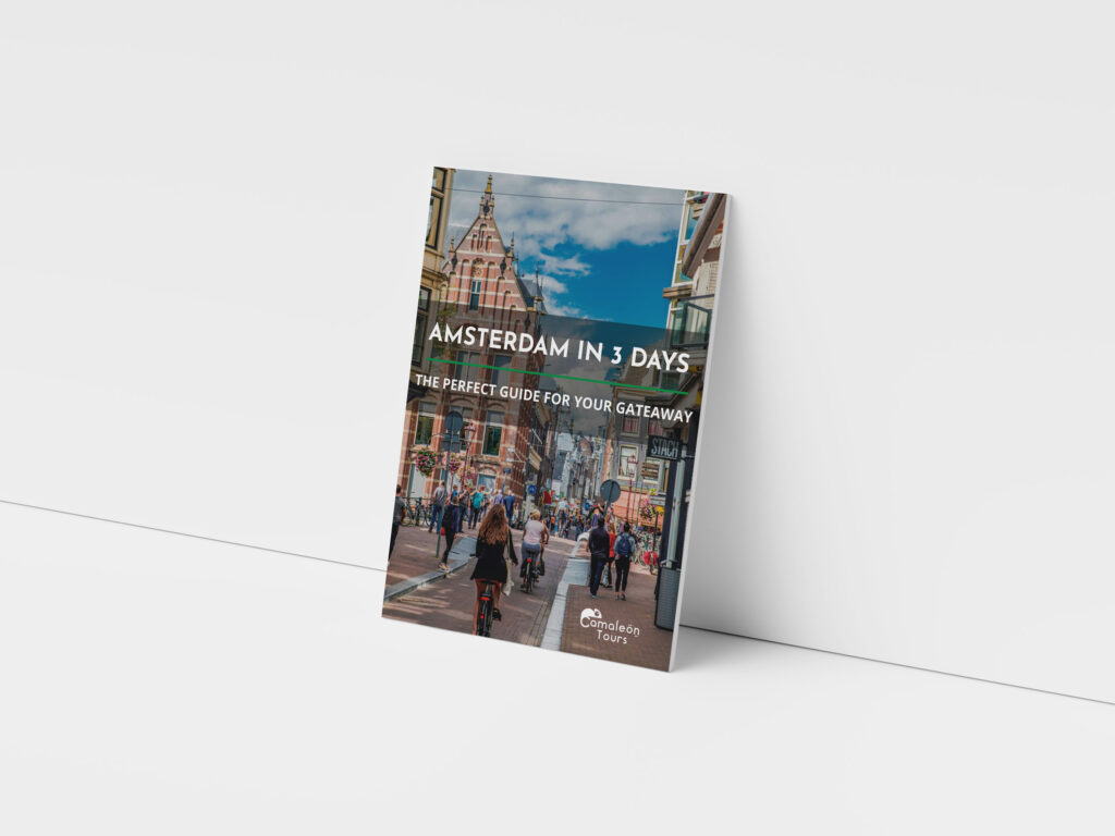 Cover of the free guide “Amsterdam in 3 Days” by CAMALEON TOURS: district itinerary, maps, and local tips to make the most of your time, with a bonus gift included.