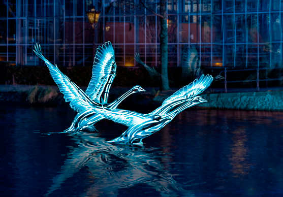 Pájaros de luz azules sobre los canales de Ámsterdam durante el Amsterdam Light Festival
