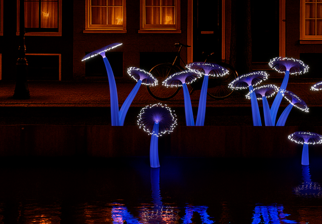Setas de luz azul sobre los canales de Ámsterdam durante el Amsterdam Light Festival