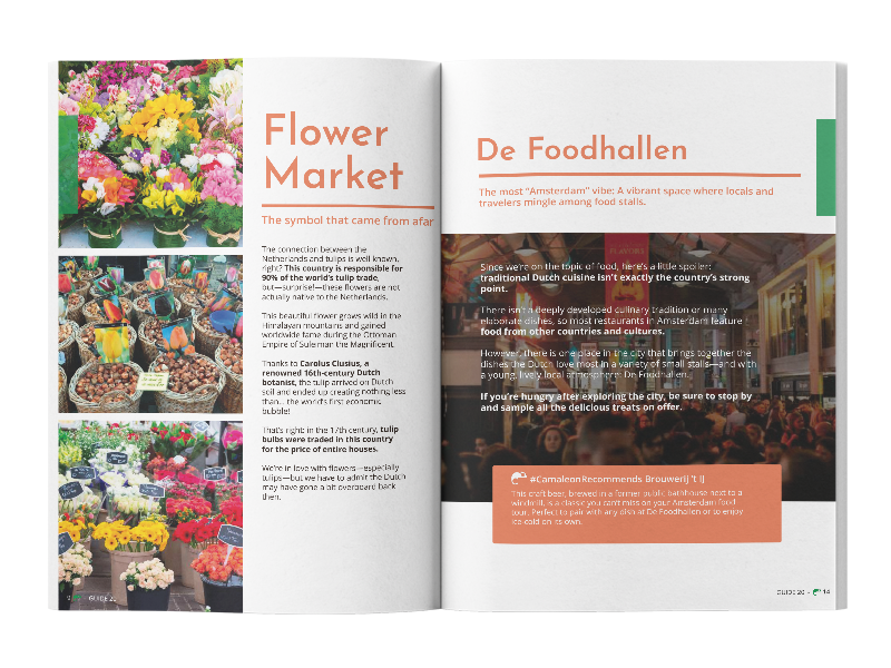 Pages from the free guide 20 must-see places in Amsterdam featuring the Flower Market and De Foodhallen
