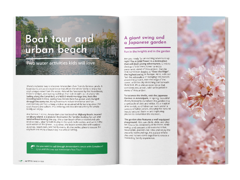 Pages from the free guide Amsterdam with Kids featuring the Japanese Garden, a family boat tour and the urban beach Blijburg