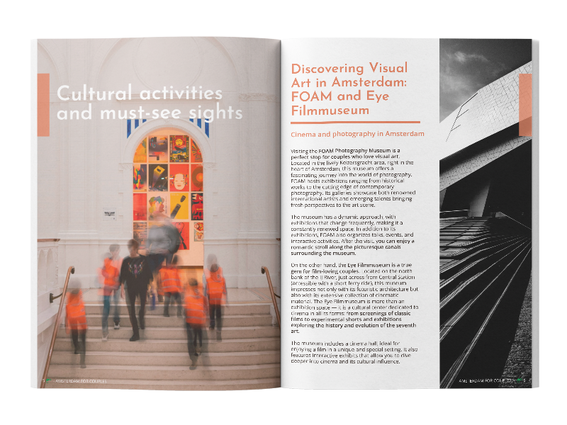 : Pages from the free guide Amsterdam for Couples featuring FOAM, Eye Filmmuseum and cultural activities for two