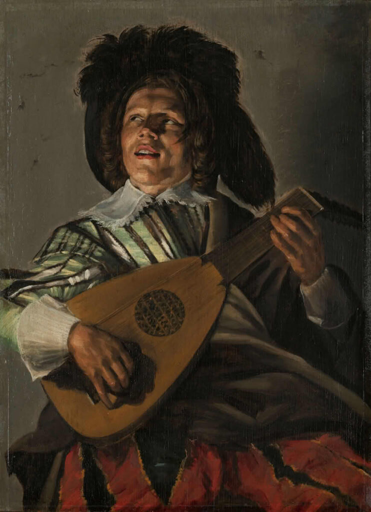 Pintura "The Serenade" (1629) de Judith Leyster, con un joven tocando el laúd, destacando la iluminación y expresividad del retrato.
