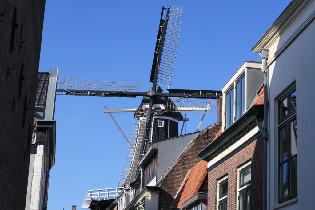 Molino de viento De Adriaan en Haarlem sobresaliendo entre las casas junto al canal en el centro de la ciudad.
