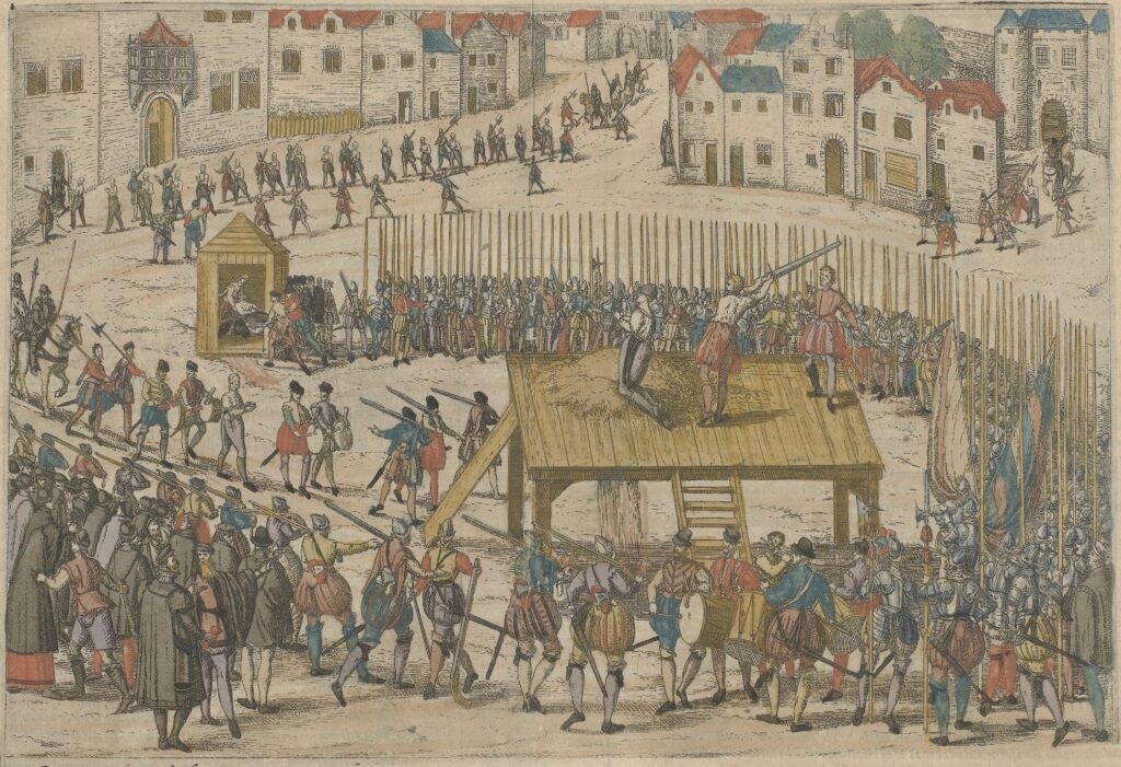 Pintura histórica de la ejecución de nobles neerlandeses en Bruselas en 1568 durante la represión del Duque de Alba.