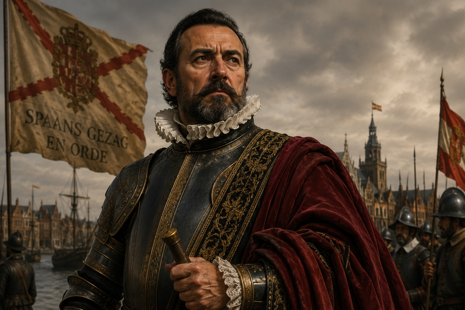 Representación del Duque de Alba al frente de un ejército en un paisaje de batalla durante la Guerra de los Ochenta Años.