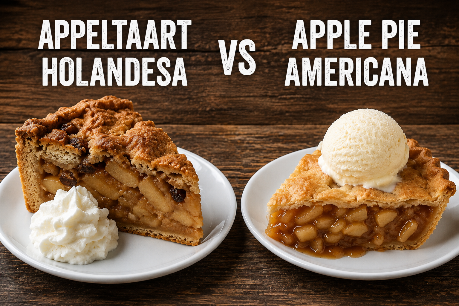 Comparativa entre una appeltaart holandesa y una apple pie americana, mostrando las diferencias de grosor, relleno y masa.