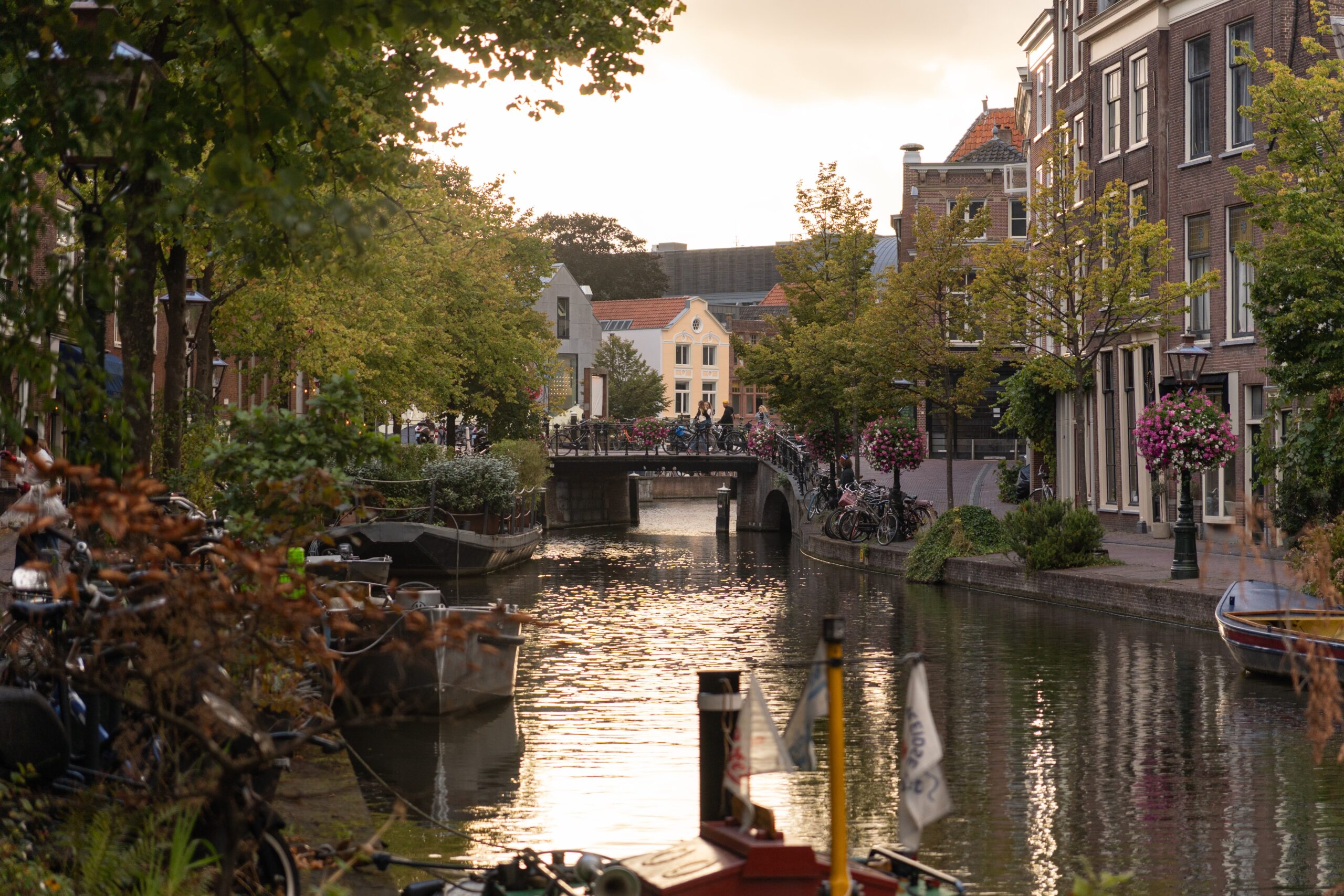 Puente sobre un canal de Leiden en un día soleado, con personas cruzándolo y barcos navegando por el agua.