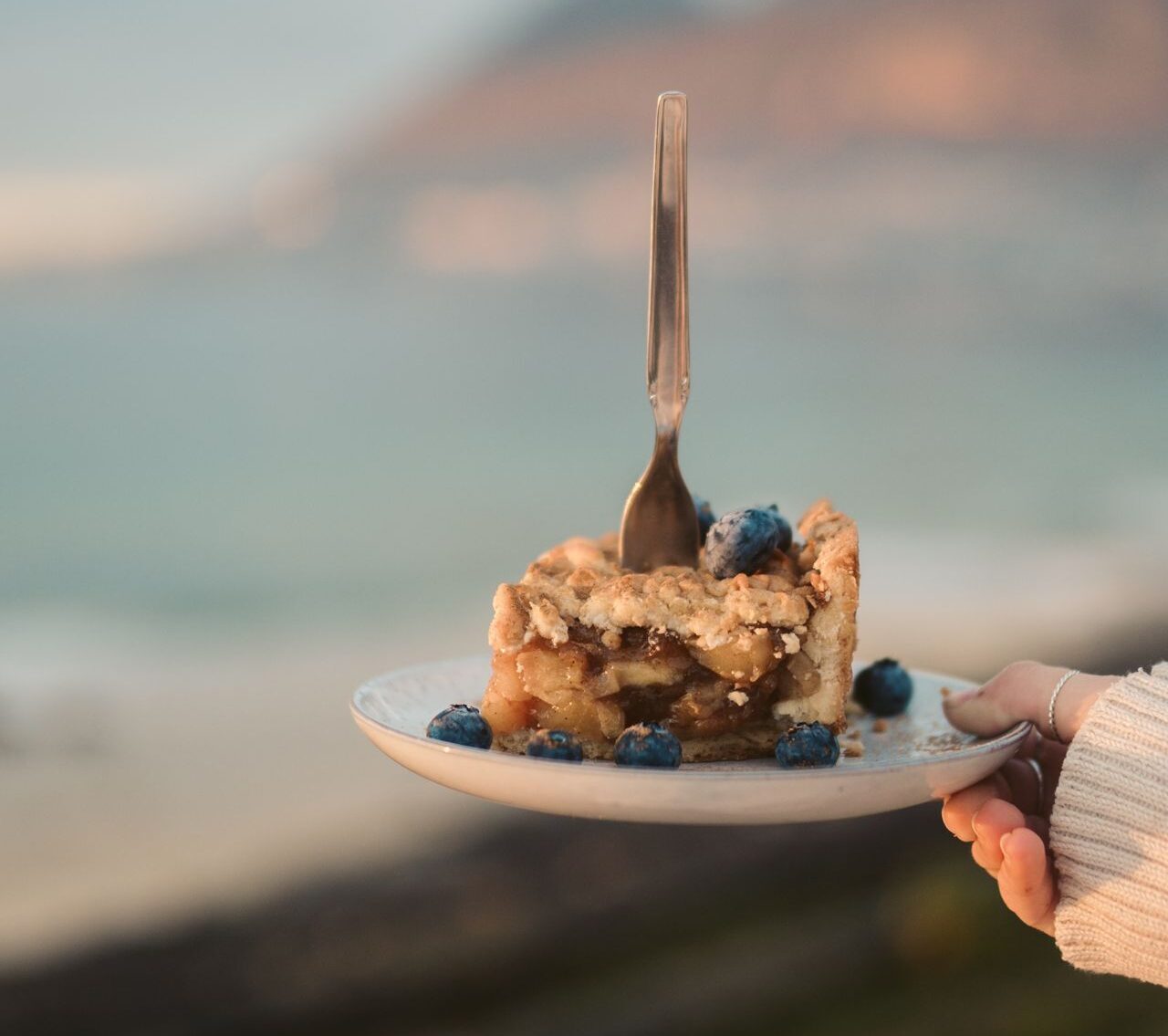 Una chica sostiene una appeltaart al aire libre, con un paisaje natural desenfocado al fondo.