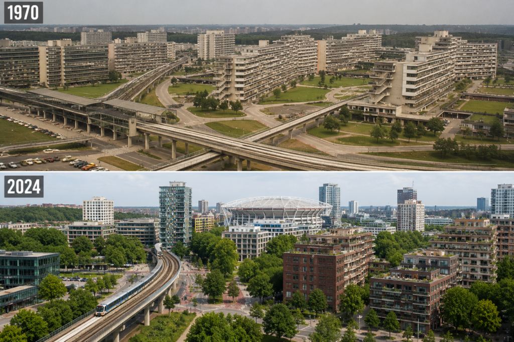 Comparativa de Bijlmer en 1970 y 2024 que muestra la transformación urbana del barrio de Ámsterdam desde sus grandes bloques originales hasta la actualidad. Foto realizada con IA